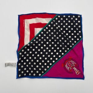 Vintage LIZ CLAIBORNE Silk Scarf Red Pink Blue Polka Dot Stripes Crest Square